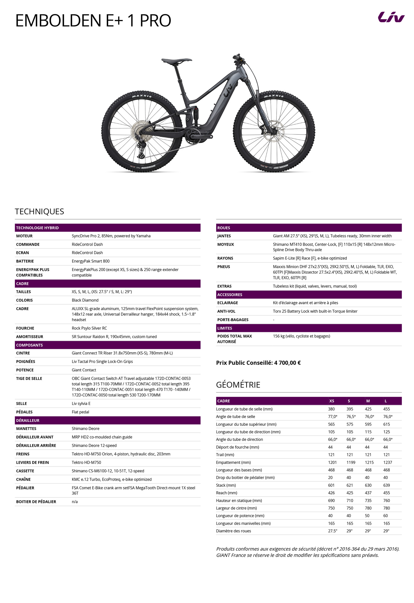 Fiche technique du velo électrique Embolden E+ 1 Pro année 2023